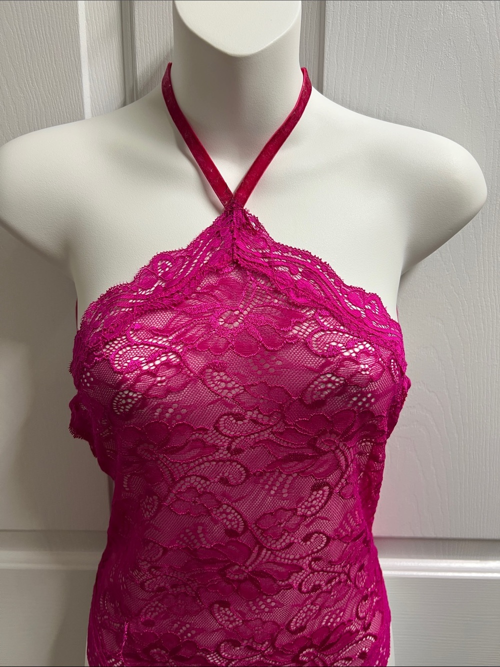 Dreamgirl Hot Pink Lace Halter Teddy see through small S 5126 - Picture 2 of 5